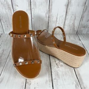 Marc Fisher clear PVC Platform Espadrille Rockstud Sandals Brown 8.5